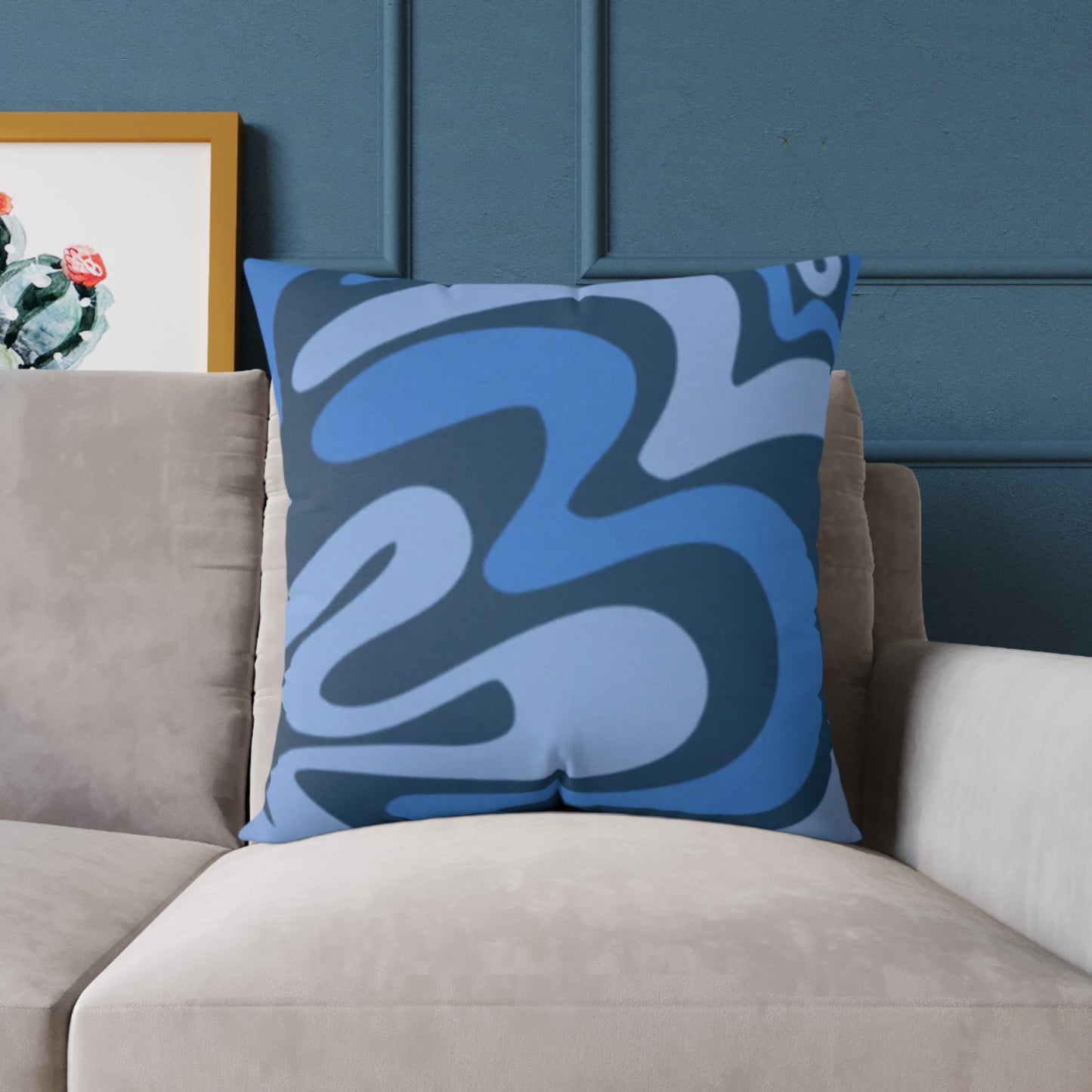 Swirl Lines Abstract Square Cushion (Blue)