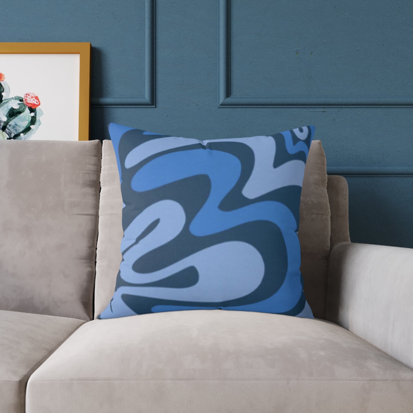 Swirl Lines Abstract Square Cushion (Blue)