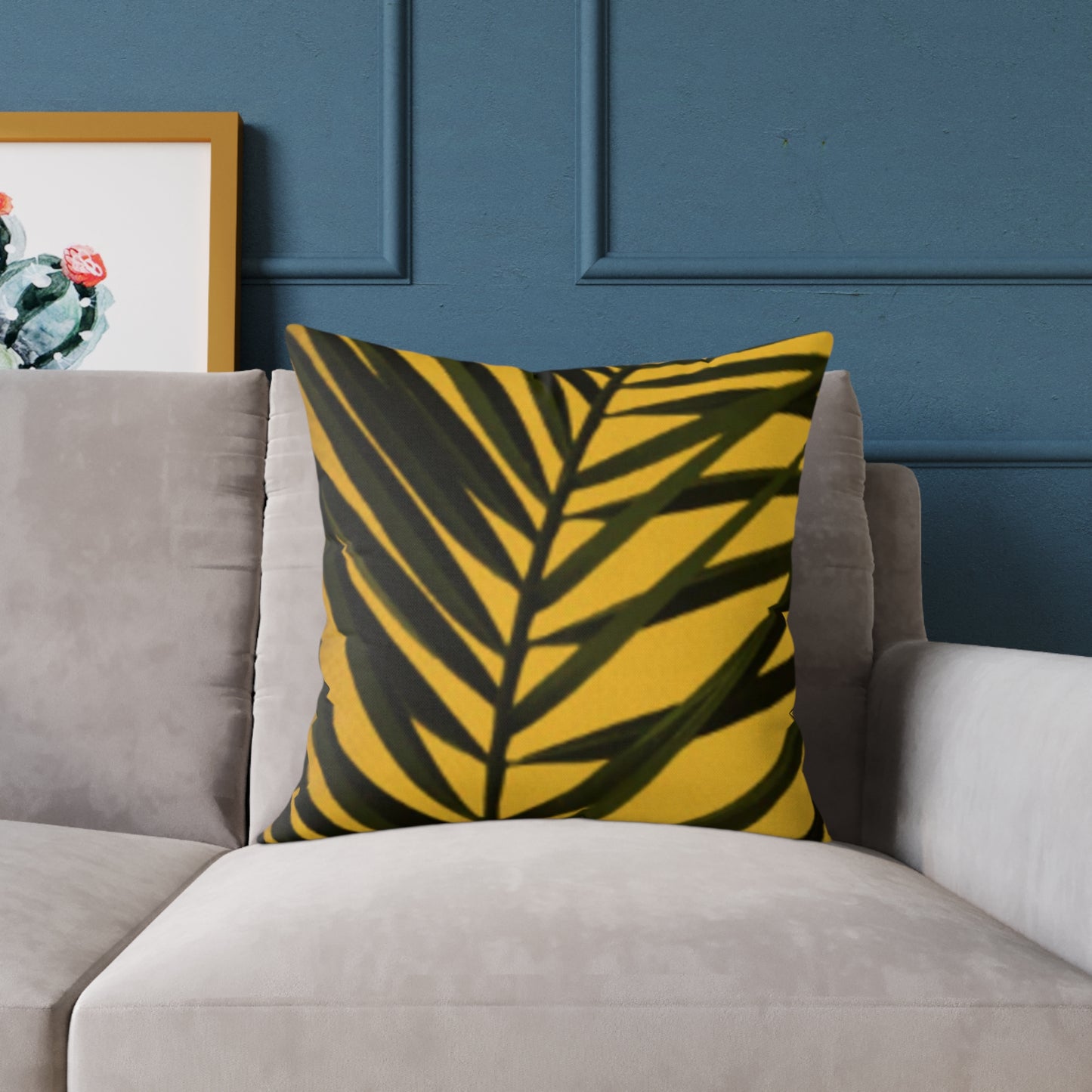 Green Palm Leaves Square Cushion (Yellow)