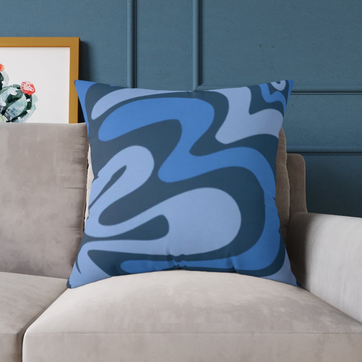 Swirl Lines Abstract Square Cushion (Blue)