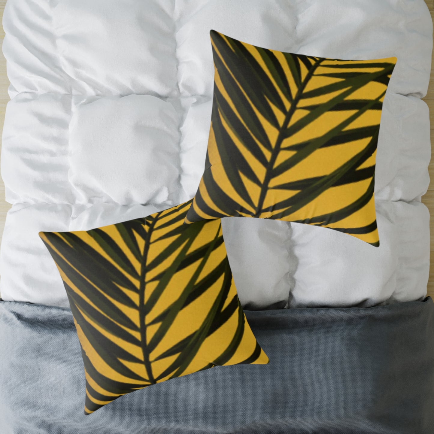 Green Palm Leaves Square Cushion (Yellow)