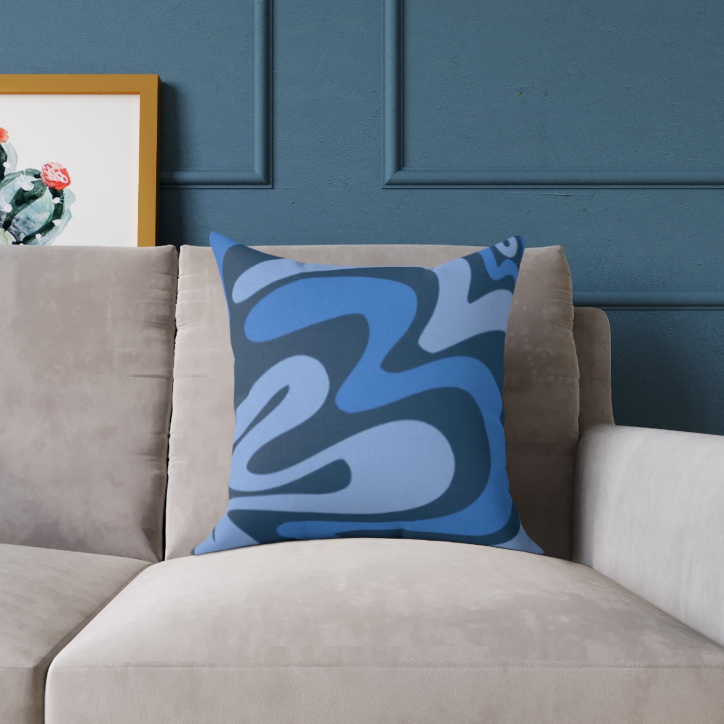 Swirl Lines Abstract Square Cushion (Blue)