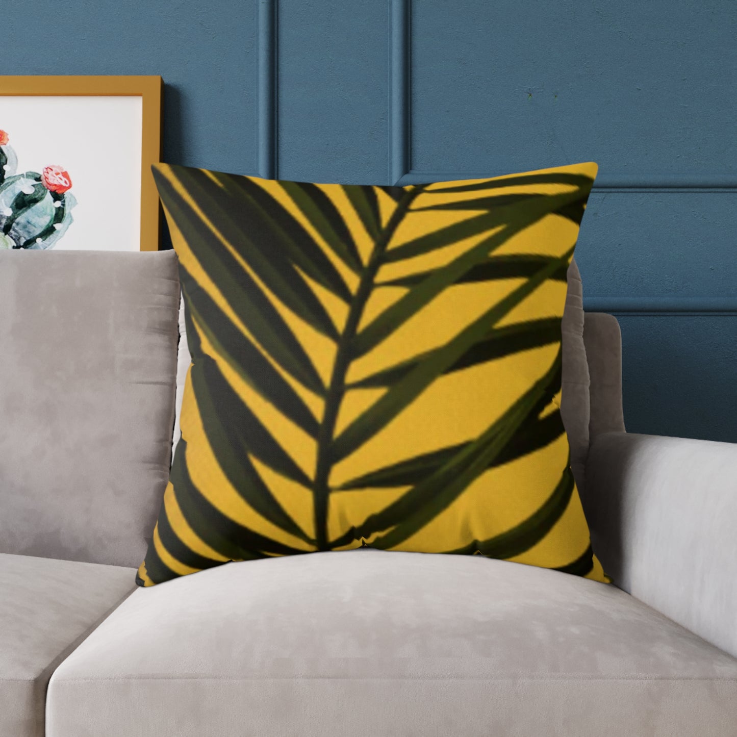 Green Palm Leaves Square Cushion (Yellow)