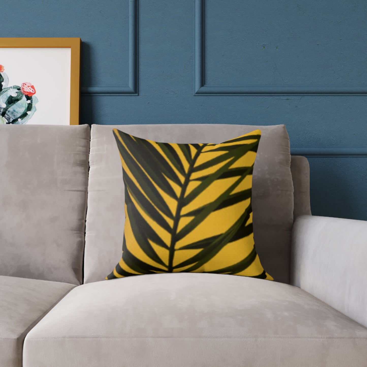 Green Palm Leaves Square Cushion (Yellow)