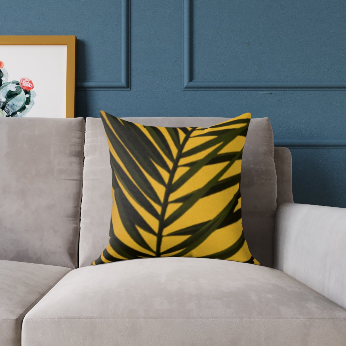 Green Palm Leaves Square Cushion (Yellow)