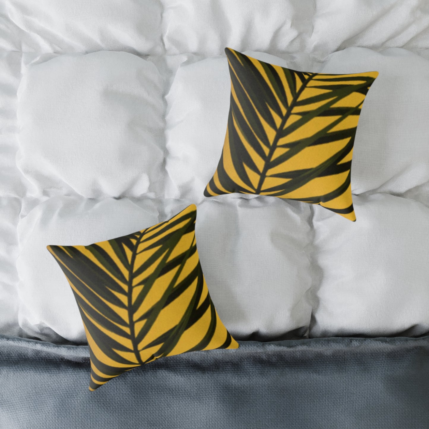 Green Palm Leaves Square Cushion (Yellow)