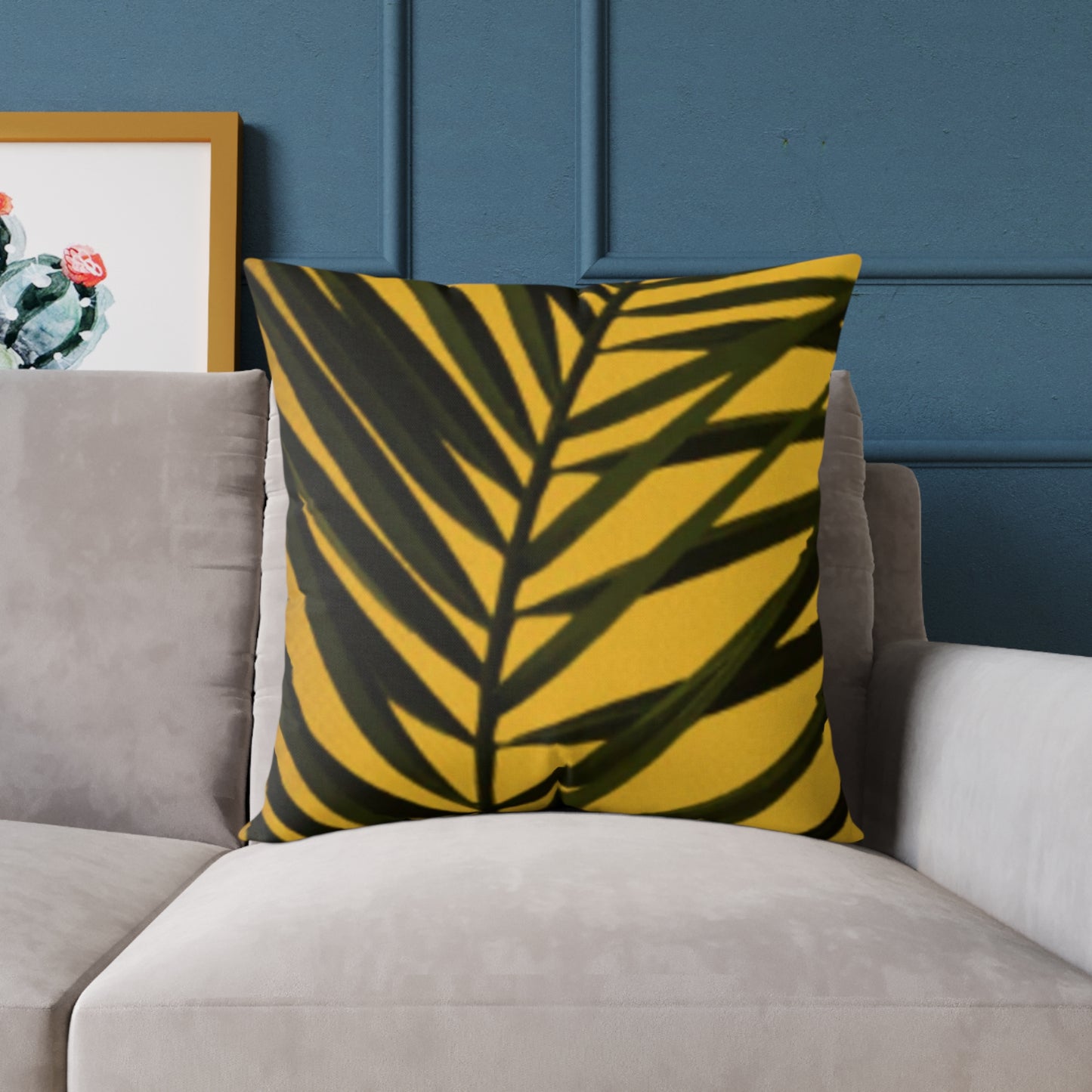 Green Palm Leaves Square Cushion (Yellow)